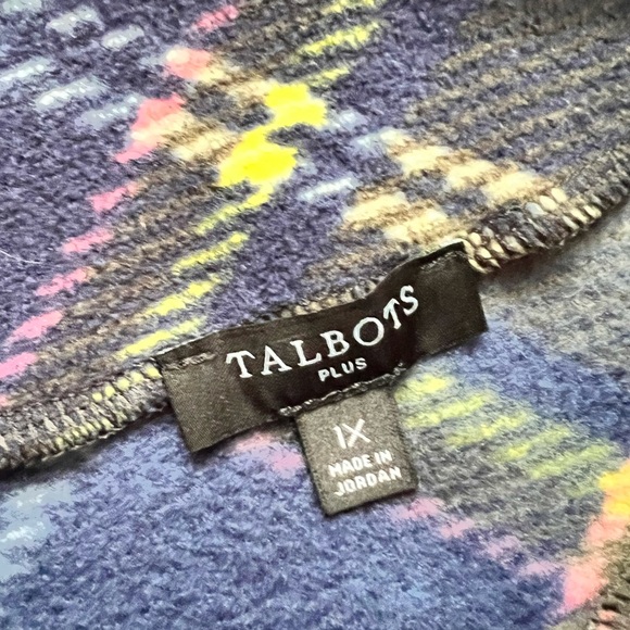 Talbots mock neck puff sleeve blue yellow plaid fleece top - Picture 3 of 5